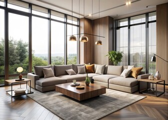 Contemporary living room with sleek lines, neutral tones, and floor-to-ceiling windows, featuring a stylish sectional sofa, coffee table, and modern decorative accents.