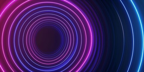 Vibrant neon circular tunnel with glowing gradient ring lights in blue and pink colors on dark background.