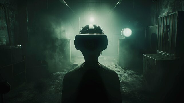 VR Escape: A solitary figure stands in a dimly lit, enigmatic room, shrouded in mist. Wearing a VR headset, they are immersed in a virtual reality experience, suggesting mystery, intrigue, and the unk