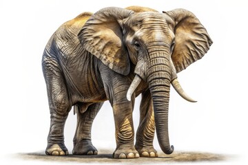 Fototapeta premium Highly detailed, realistic computer-generated illustration of a majestic elephant standing alone on a pure white background with intricate wrinkles and folds texture.