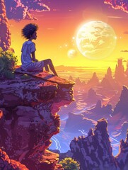 A surreal landscape with vibrant colors and mushrooms. 