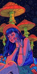 A surreal illustration of a woman with vibrant colors and mushrooms. 