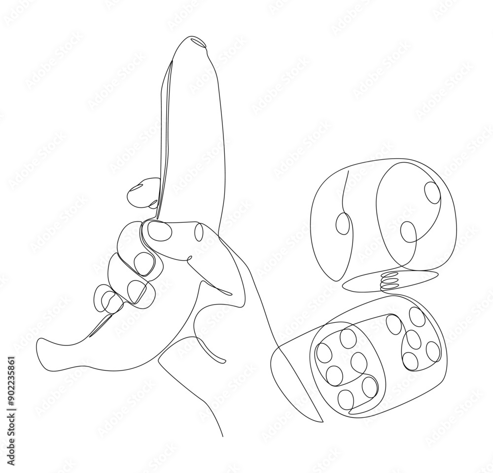Aufkleber one continuous line of banana and dice. thin line illustration vector concept. contour drawing creat