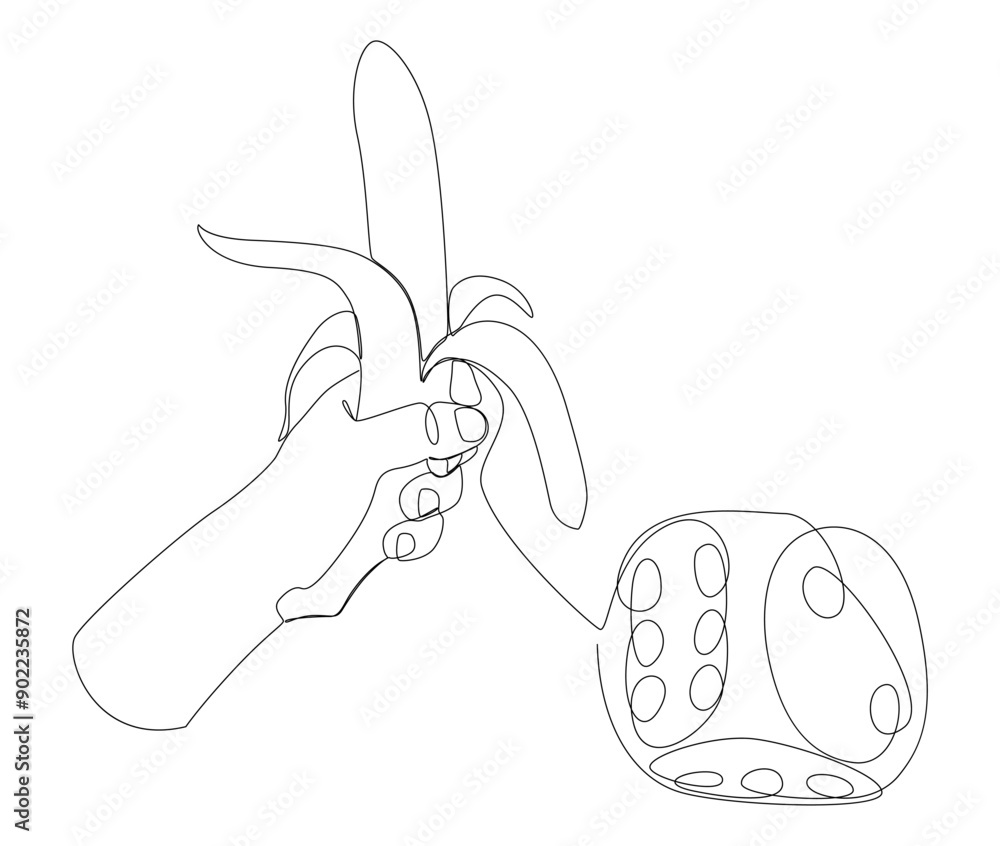 Poster one continuous line of banana and dice. thin line illustration vector concept. contour drawing creat