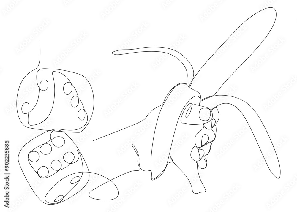 Aufkleber one continuous line of banana and dice. thin line illustration vector concept. contour drawing creat