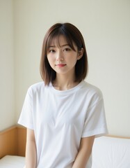 Portrait photo of Beautiful Japanese Woman in Casual Attire Posing by Window with Natural Light.