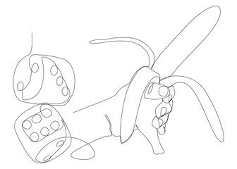 One continuous line of banana and dice. Thin Line Illustration vector concept. Contour Drawing Creative ideas.