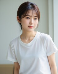 Fototapeta premium Portrait photo of Beautiful Japanese Woman in Casual Attire Posing by Window with Natural Light.