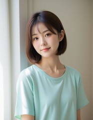 Portrait photo of Beautiful Japanese Woman in Casual Attire Posing by Window with Natural Light.