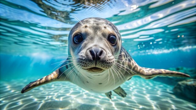 Adorable nerpa seals glide effortlessly through crystal-clear water in a sunlit indoor pool, their playful eyes and flippers capturing the joy of aquatic freedom.