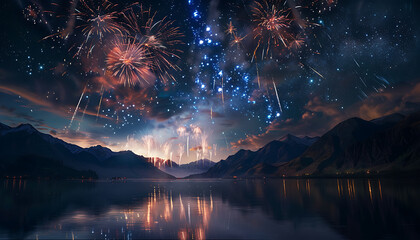 Colorful fireworks illuminate the starry night sky, reflecting on a calm lake with mountains in the background.