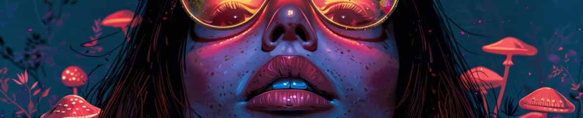 A surreal illustration of a woman with vibrant colors and mushrooms. 