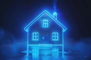 Blue neon house model on a dark background symbolizing futuristic technology and digital living