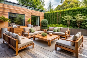 Fototapeta premium Modern outdoor living area has furniture and seating, in the style wood. Generative AI.