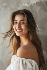 photo of beautiful Caucasian model smiling looking at the camera, isolated on white, clean grey background ::1 clean gray background