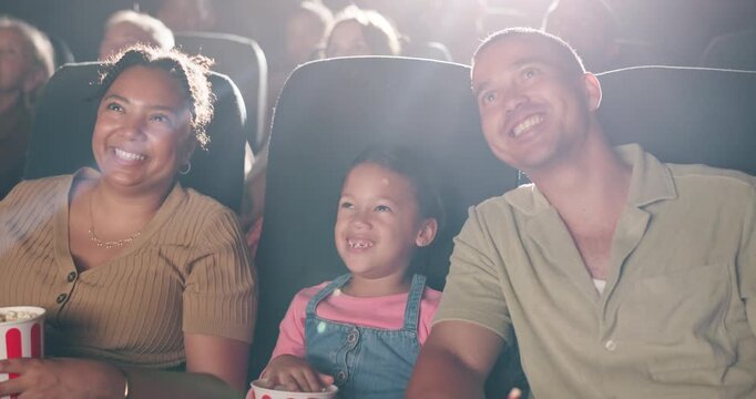 Cinema, watching movie and happy family eating popcorn together with kid, mother and father laughing. Audience, snack and girl child at theater with parents for funny film, comedy or entertainment