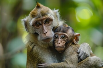A macaque mother protectively holds her infant close in the lush rainforest, providing a sense of safety and comfort