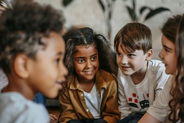 Portrait of a group of children engaged in an interactive learning session with an educator, Generative AI