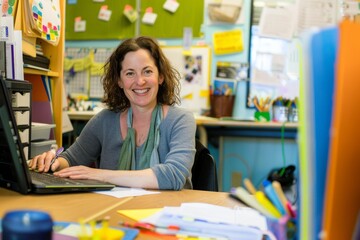 Portrait of a teacher preparing lesson plans and educational materials at their desk, Generative AI