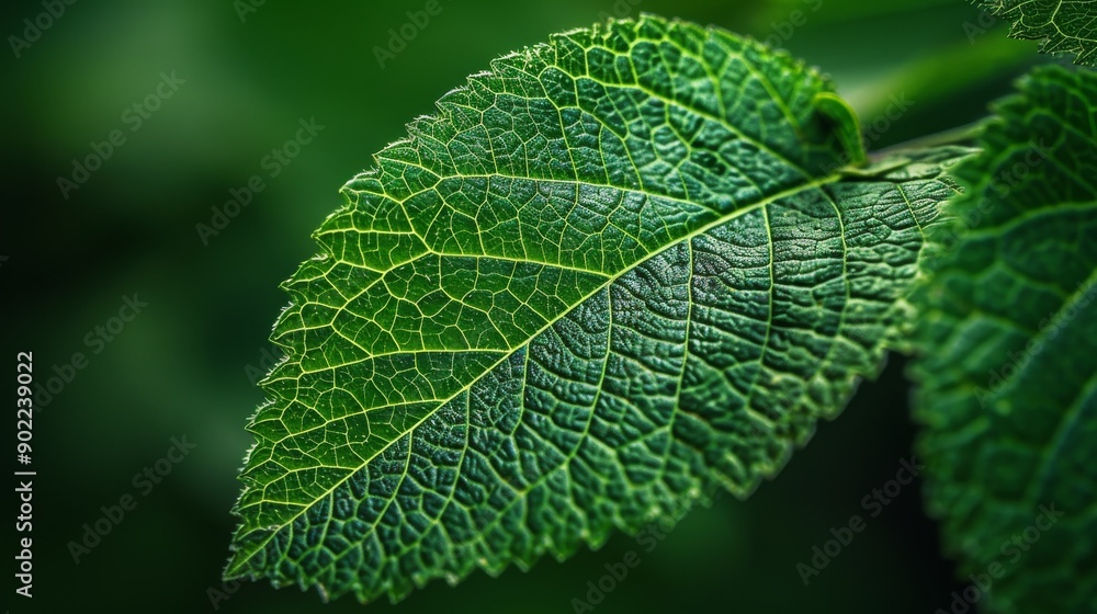 Poster close up view of a green leaf with visible veins and texture