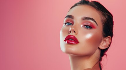 Fototapeta premium Elegant woman with flawless makeup, bust-up image on pink studio background, confident and serene