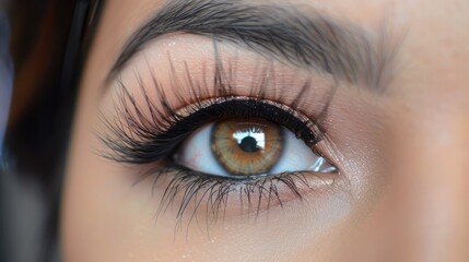Obraz premium Female eye with extreme long false eyelashes, close-up shot focusing on the beauty and detail of makeup and eyelash extensions