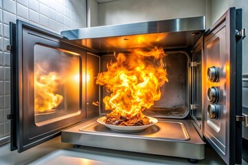 food burn in microwave oven with burning fire 