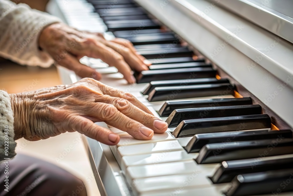 Wall mural old person play piano closeup. the elderly perform music