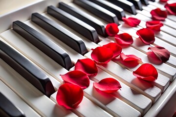 rose petals on piano keys. Romantic love song