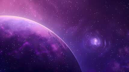 A purple planet surrounded by a vibrant purple nebula in outer space