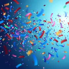 Celebration background with colorful confetti and ribbons.