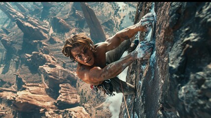 Determined Rock Climber Scaling Steep Cliff