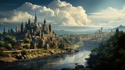 Fototapeta premium A sprawling medieval city with towering castles