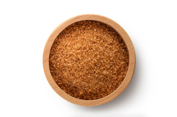Top view of Brown sugar in wooden bowl isolated on white background.