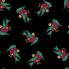 Seamless ethnic animal pattern with stylized birds. Old Russian folk motif. On black background.