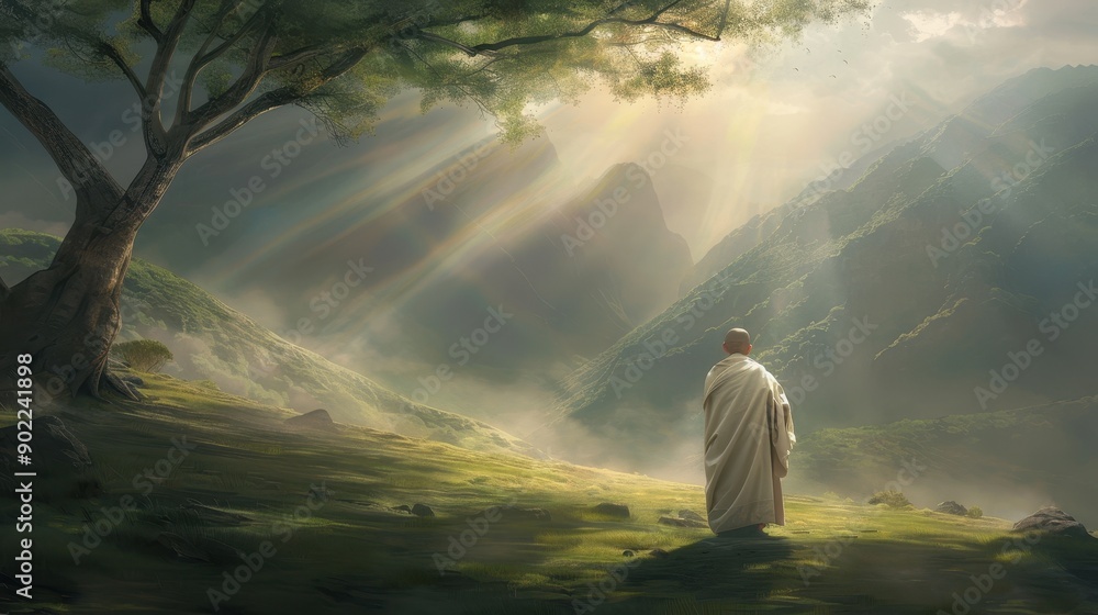 Poster a man is standing in a field of grass with mountains in the background
