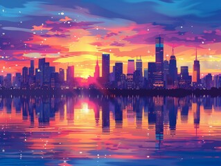 Fototapeta premium Colorful skyline at sunset reflects on water, creating a serene urban landscape with vibrant hues of orange, pink, and blue.