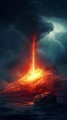 Fototapeta premium A fiery explosion is shooting out of a volcano in the middle of a stormy ocean