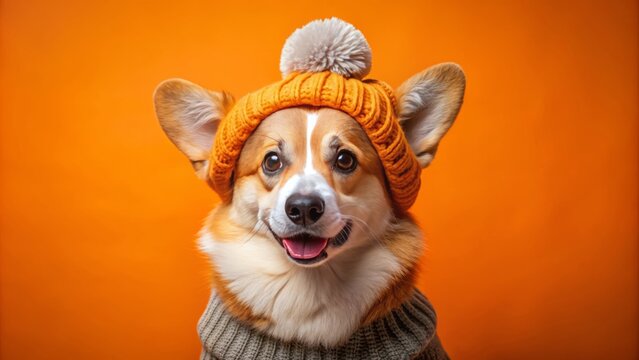Adorable corgi dog models warm winter attire, donning a cozy knitted sweater and hat, posing on a vibrant orange background, perfect for pet shop promotions.