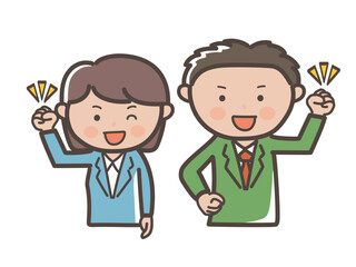ガッツポーズでやる気満々の若い男女会社員の上半身イラスト