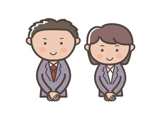 手を前で組んで接客ポーズの若い男女会社員の上半身イラスト