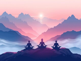 Serene mountain landscape with meditating figures at sunrise. Perfect for conveying tranquility and mindfulness in nature.