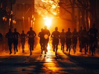 Runners sprinting towards a bright sunset, showcasing determination and energy in a dynamic, urban environment.