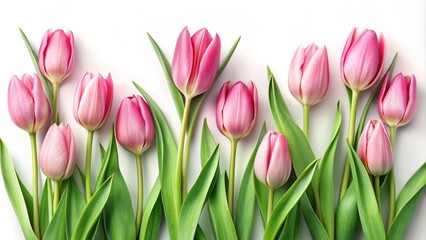 Obraz premium Delicate pink tulips with green stems and leaves form a beautiful floral border on a pure white background, perfect for spring and Easter designs.