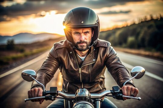 Confident cool guy in moto helmet biker man riding motorcycle bike male in jacket driving motorbike helmet protection road speed sport trip fast motorcyclist person ride wheel way roadway driver