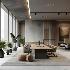 Modern office interior with meeting, coworking, and relax areas, bathed in natural light.