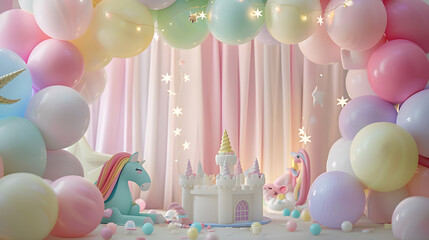 Unicorn horse with a rainbow and vivid complementary color balloons.cake castle at dining room.kid birthday party.