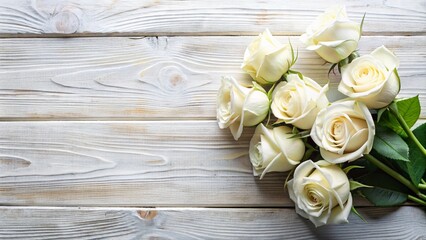 Top view Beautiful white rose resting on a vintage wooden table, capturing the essence of cherished memories and love for Mother's Day