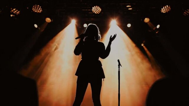 Silhouette of Person with Microphone on Stage Amidst Spotlights