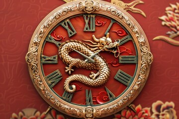 Intricate Dragon Clock with Gold Roman Numerals Against Red Floral Background